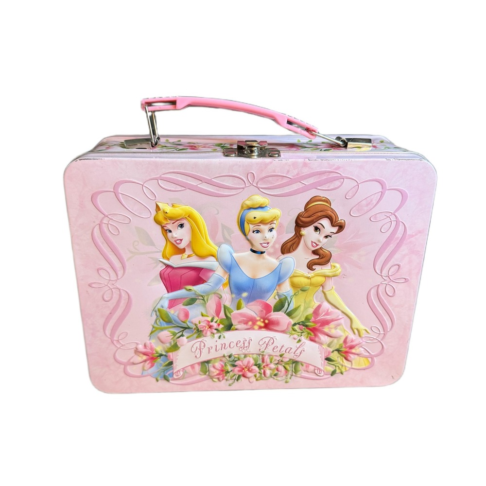 Disney Princess Petals Pink Metal Tin Lunch Box Cinderella Belle Aurora Floral